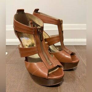 Michael Kors Berkley Platform Brown and Gold  Zipper Stiletto Sandals- size 6.5